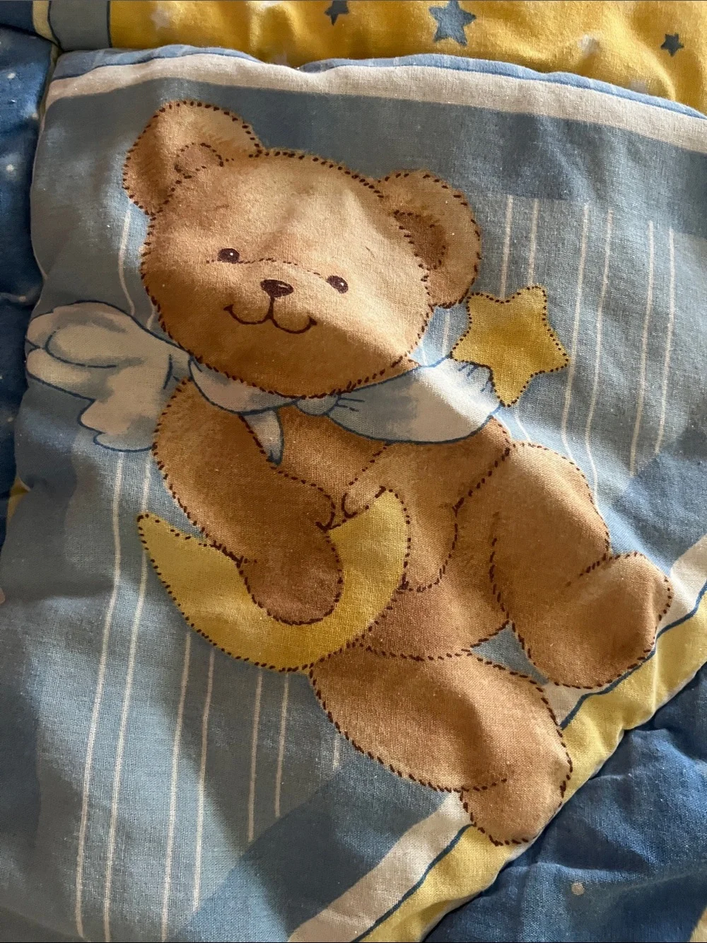 90’s Celestial Angel Teddy Bear Moon and Stars Baby Quilt - Blue and Yellow